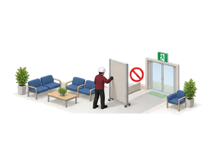 社内待機場所で非常口を塞がない位置へパーティションを置く施設管理者のアイソメ図
