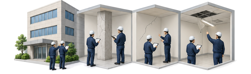 施設管理者が建物の外周から柱と壁と天井を順番に点検するアイソメ図