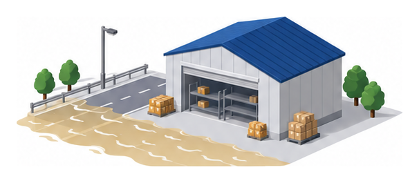 空になりかけた備蓄倉庫の棚と泥水の残る道路のイラスト