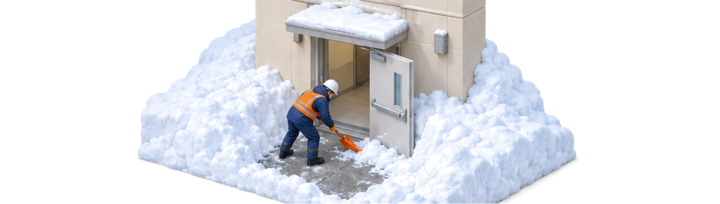 積雪で塞がれた外開きの避難口を全開できる範囲まで除雪する作業員のアイソメ図