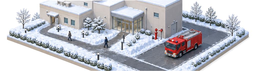 施設の避難口と屋外避難経路と消防車進入路を分けて確認する管理者のアイソメ図