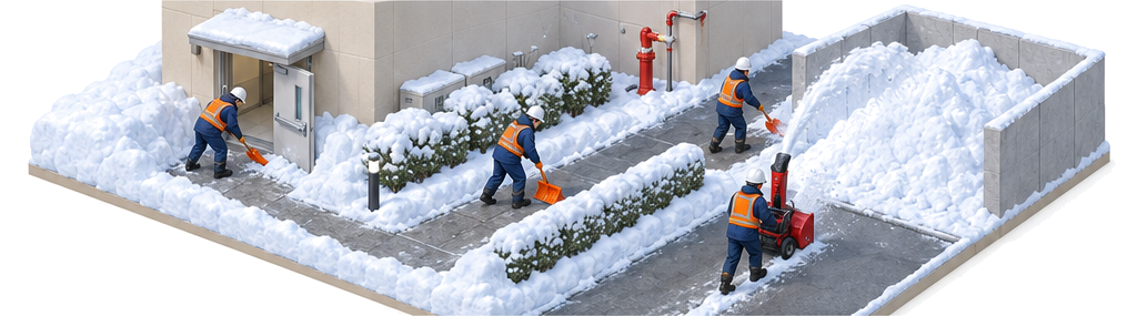 避難口から屋外経路と消防活動動線へ順番に除雪する作業員のアイソメ図