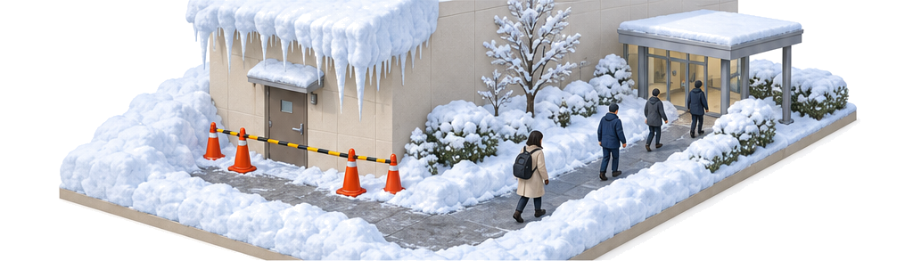 非常口上部の雪庇とつららを確認し立入区域を分ける管理者のアイソメ図