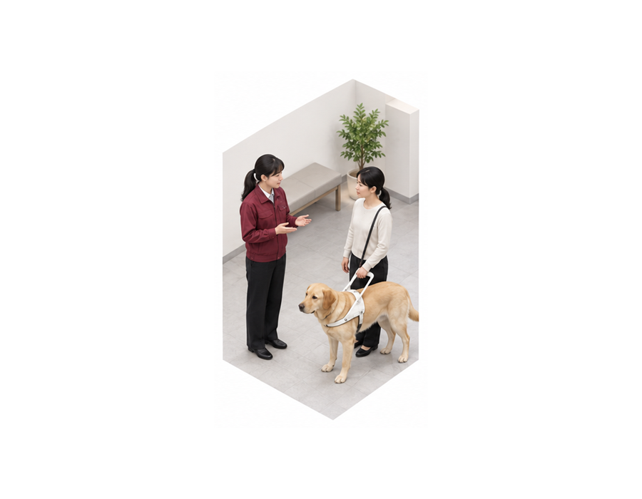 職員が白杖や盲導犬を引かず本人へ誘導方法を確認するアイソメ図