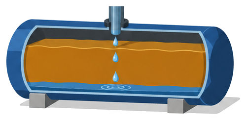 地下タンク内でガソリンの層の下に水がたまっていく様子を示す断面図