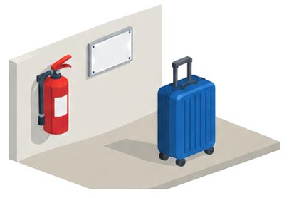 消火器と文字だけの標識のそばにスーツケースが置かれたイラスト