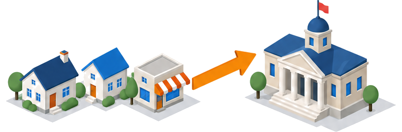 住宅と商店の列から市役所庁舎へ向かって伸びる矢印のイラスト