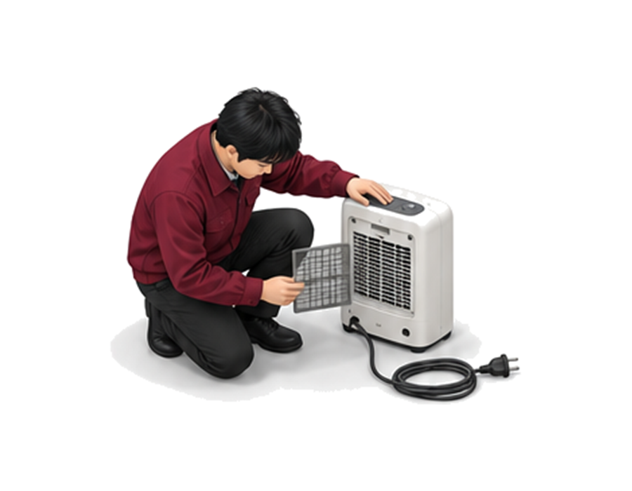 セラミックファンヒーターの銘板と電源コードと待機場所を確認する担当者のアイソメ図