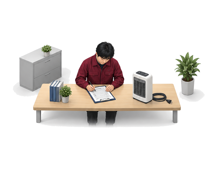 セラミックファンヒーターの使用場所と点検表と停止条件を照合する担当者のアイソメ図