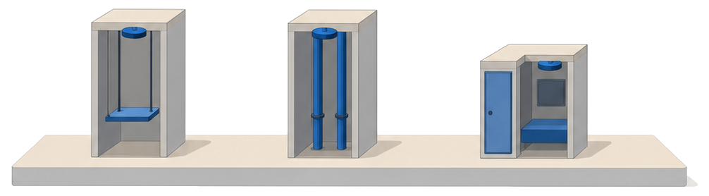 エレベーターの昇降路とパイプダクトと個室の天井にそれぞれ感知器を置いた図