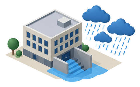 地下の入口へ続く階段に水が流れ込む事務所の建物と雨雲のイラスト