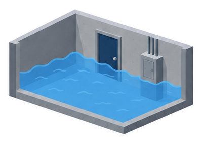 地下室のドアに水が迫る断面図と、壁の電気盤のイラスト