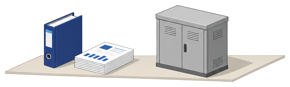 検討部会の報告書と屋外の蓄電池設備を並べたイラスト
