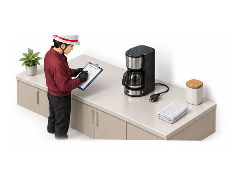 担当者がコーヒーメーカーを清掃して点検表へ記録するアイソメ図