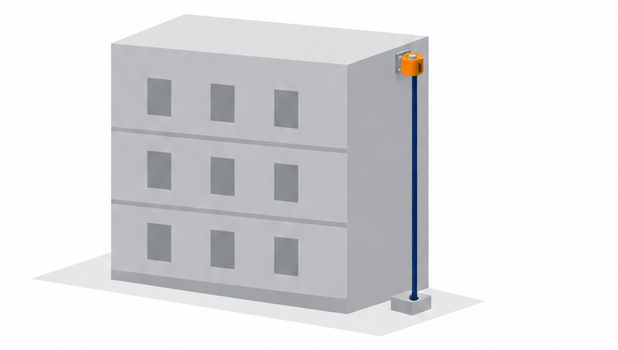 床から天井まで伸びる建物の輪郭と、その高さいっぱいに垂れ下がったロープを示したイラスト