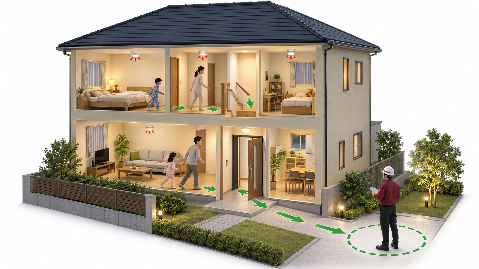 住宅用火災警報器の発報から家族が避難する経路を確認する図
