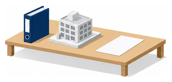通知を綴じたファイルと建物の模型が置かれた机のイラスト