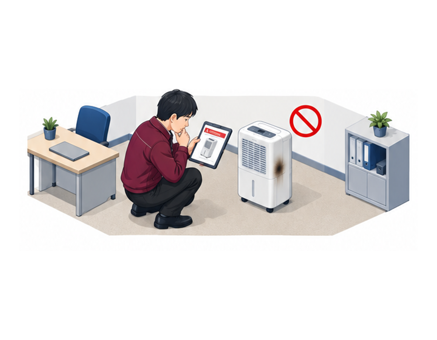 担当者が除湿機の型式表示とリコール情報を照合するアイソメ図
