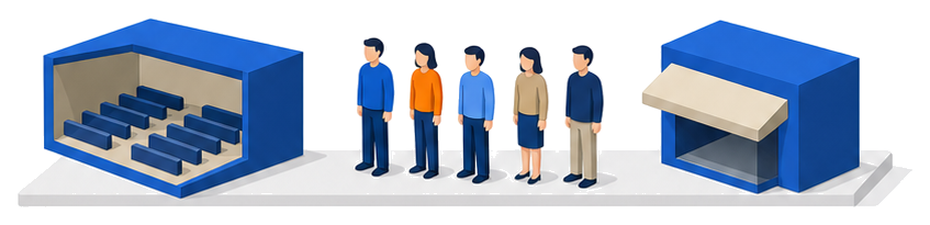 ホールと人の列と店舗が並んで収容人員を数えているイメージ