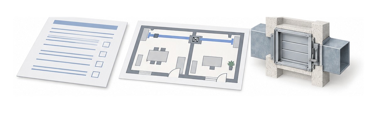 防火ダンパーの設備番号と図面と点検記録を整える様子を示すアイソメ図