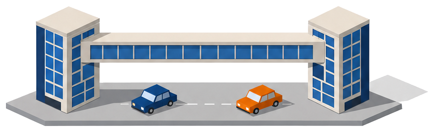 道路の上空でつながる二つの建物と、その下の道路を通る車を示したイメージ
