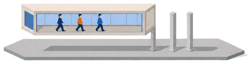通路を歩いて渡る複数の人と、その下から立ち上がる支柱を示したイメージ