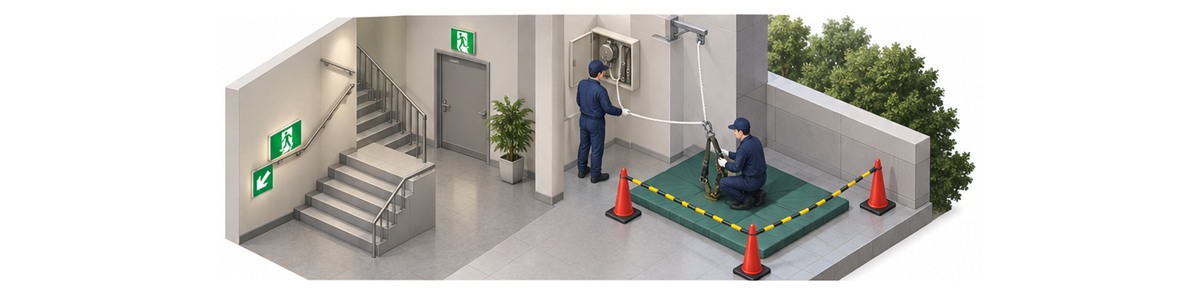 代替階段と二人で行う緩降機の専門点検を示す横長アイソメ図