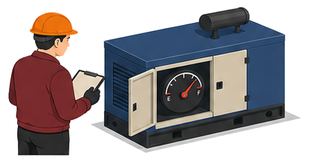 加圧送水装置用予備電源の劣化と容量を確認する作業員のイラスト