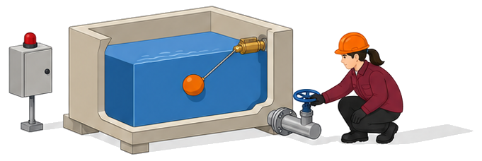 呼水槽の水量と自動給水装置を確認する作業員のイラスト