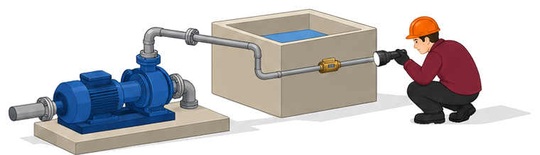 水温上昇防止用逃し配管のオリフィスと流水を確認する作業員のイラスト