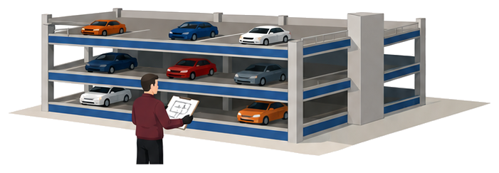 点検員が竣工図を手に自走式自動車車庫の前で確認作業をしているイメージ