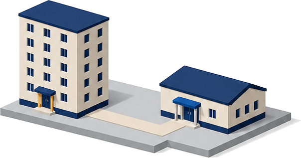 同一敷地内に共同住宅ともう一つの建物が並んで建ち小道でつながっている様子を示したイメージ