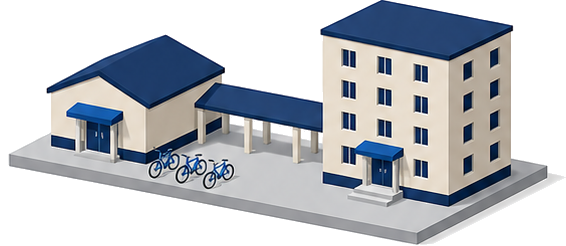 共同住宅の裏手に集会所が渡り廊下でつながり自転車が並んでいる様子を示したイメージ