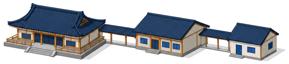 寺院で本堂と庫裡と住宅が同一棟の場合は住宅部分を除外して本堂と庫裡部分の面積で収容人員を算定してよいことを示したイメージ