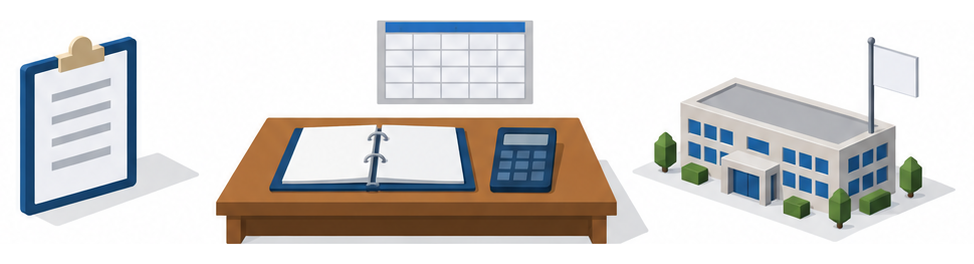 左にチェックリストの板、中央の机にバインダーと電卓と数字のない予定表、右に旗竿のある小さな県庁舎があるイラスト