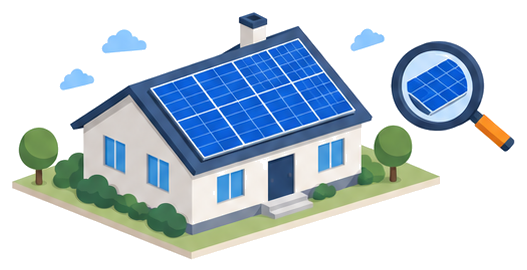 屋根いっぱいに太陽光パネルを載せた一般住宅と、その右に浮かぶ太陽電池モジュールを映す拡大鏡