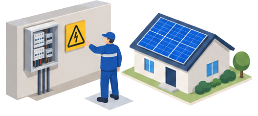 分電盤の横に貼られた感電注意の表示を指さす作業員と、その奥に見える太陽光パネル付きの住宅