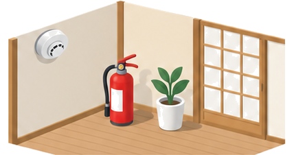 住宅用火災警報器と消火器が置かれた一般家屋の居間のイラスト