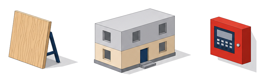 木の板と二階建てを示す建物の輪郭と壁掛けの火災報知設備の操作盤