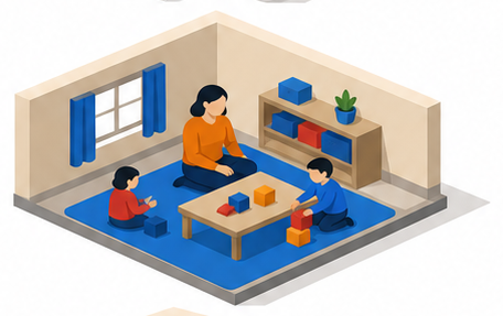 低いテーブルとおもちゃがある室内で大人と子どもが過ごす様子