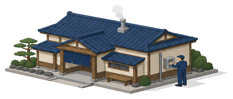 屋根に湯気を上げる温泉施設の建物を点検する作業服姿の人物