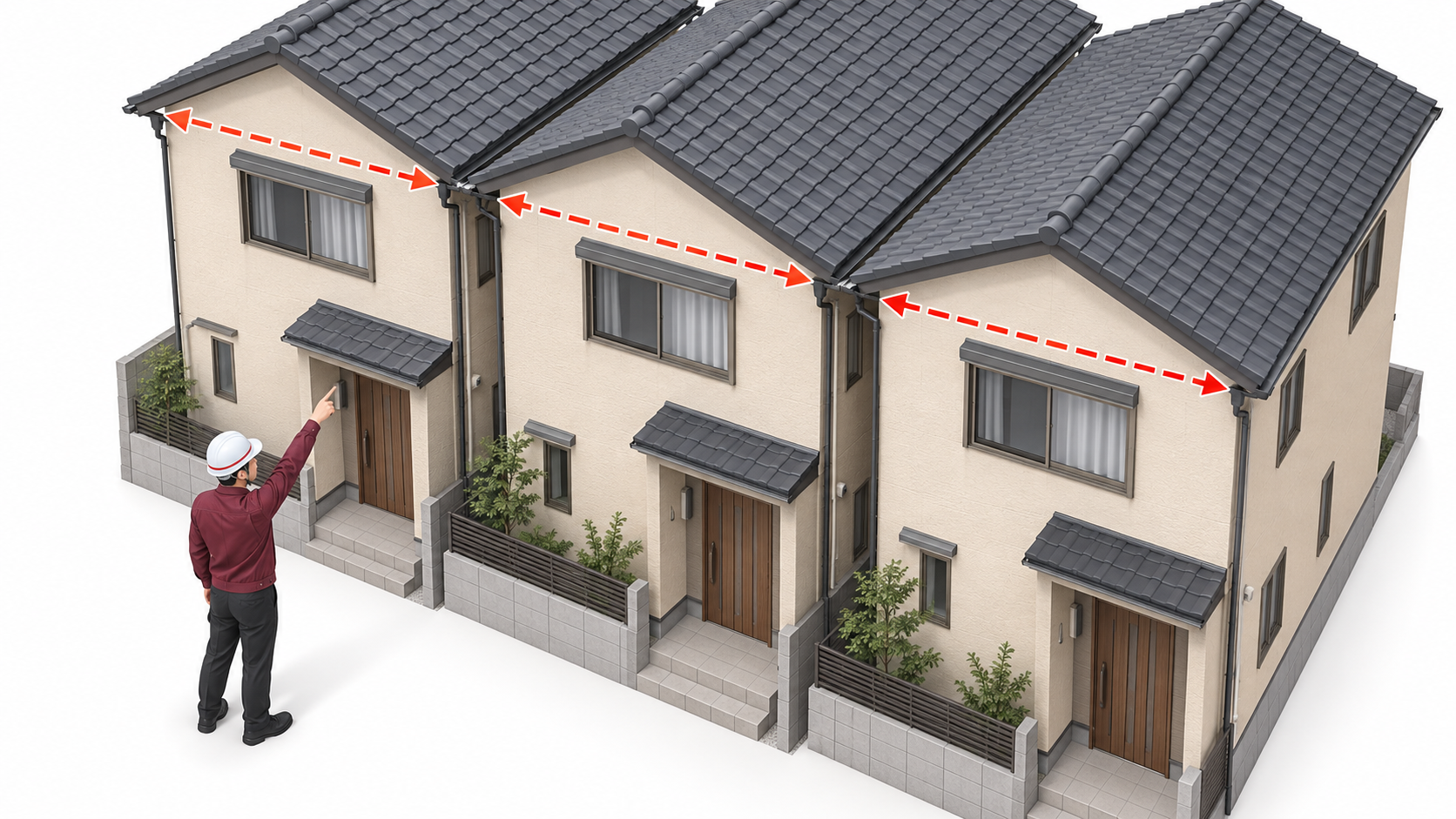 連棟住宅の軒先と外壁のつながりを確認する一般的なアイソメ図解