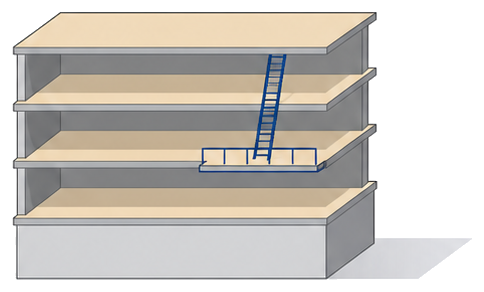 4階建の建物で上の階から下の階のバルコニーへはしごが降りていることを示したイメージ