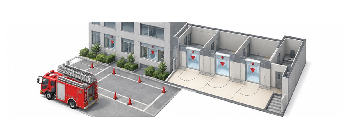 建物外周と各階の非常用進入口を図面で照合する横長アイソメ図