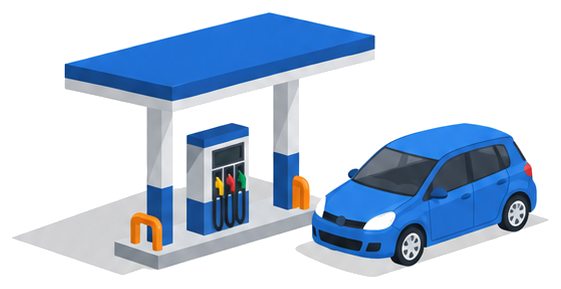 セルフ給油所の給油機と自動車のイラスト
