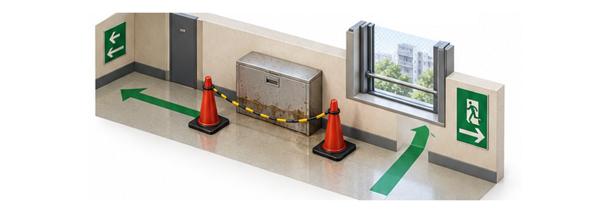 泥水の跡がある避難はしご格納箱を使用停止にして代替避難経路を示す図