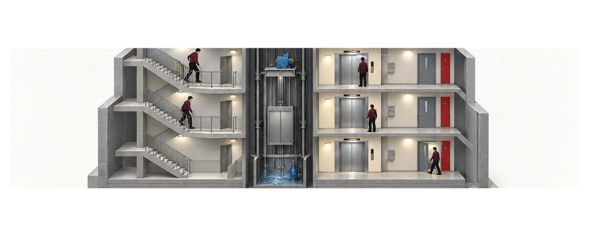 複数階の非常用エレベーター乗降ロビーと昇降路を確認する横長アイソメ図