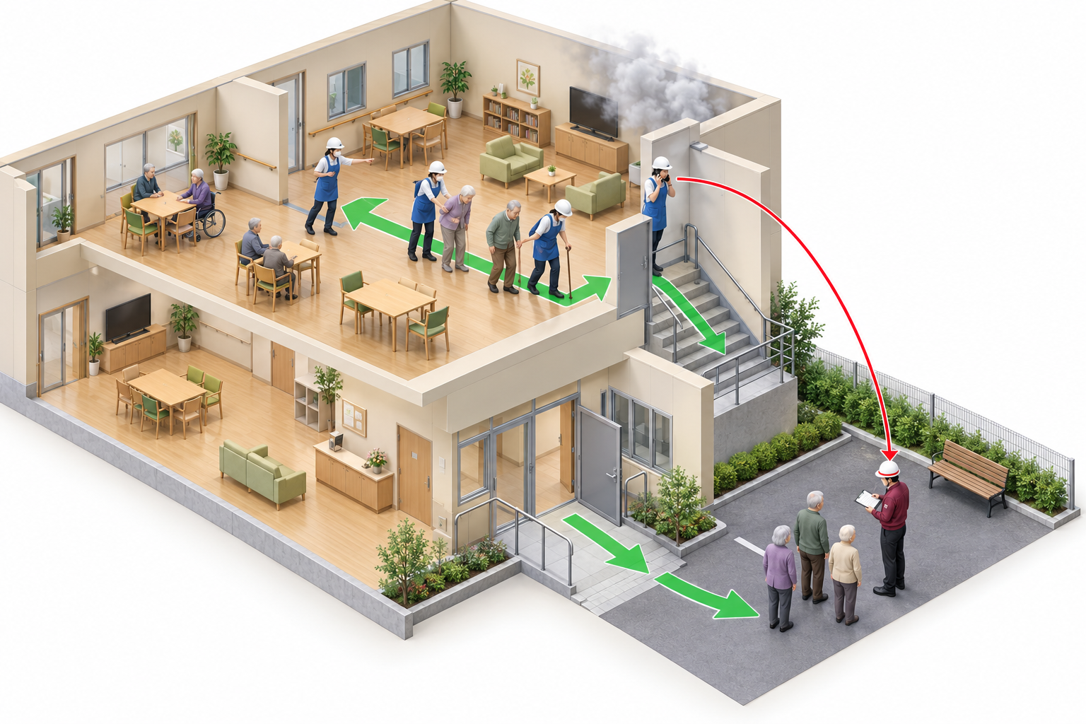火災通報と屋外の在館者確認を分担する図