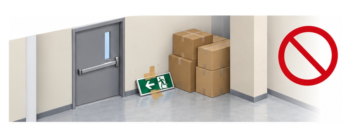 誤った向きの標識と避難口前の荷物を禁止記号で示す横長アイソメ図
