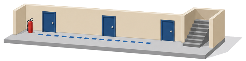 住宅用消火器が面する部分は出入口からの歩行距離が20メートル以内の廊下及び階段室等であることを示したイメージ